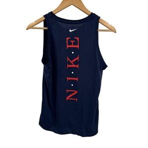 Nike Womens Tank Top Size S Navy Blue Dri-FIT Graphic Logo Sporty Athleisure